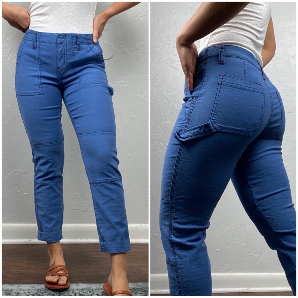 Anthropologie: Joie Madelia Slim Straight Linen blend blue cargo Pants size 0
